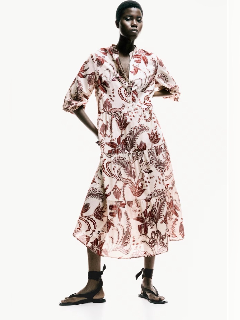 H&M Printed Cotton Tiered Midi Dress